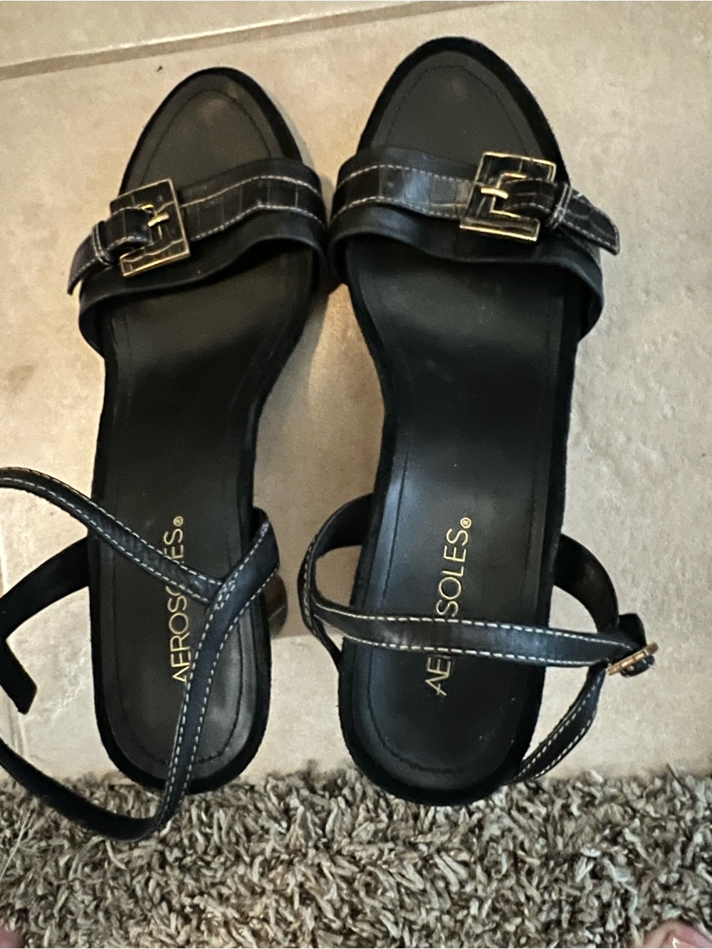 AEROSOLES Black Two-Strap Buckle Sandals